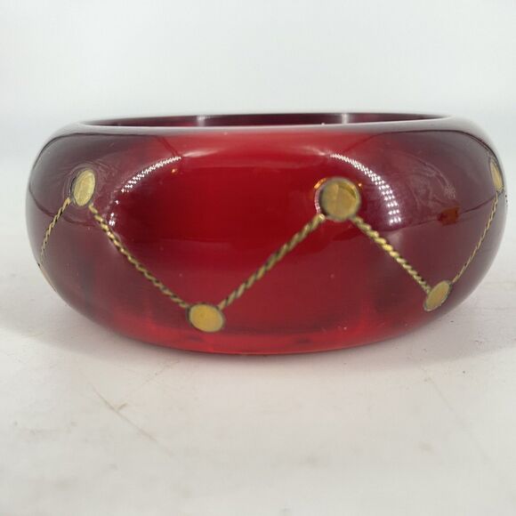 Vintage Rare Ruby Red Bakelite Bangle Bracelet Brass Injection Dot - Picture 1 of 6
